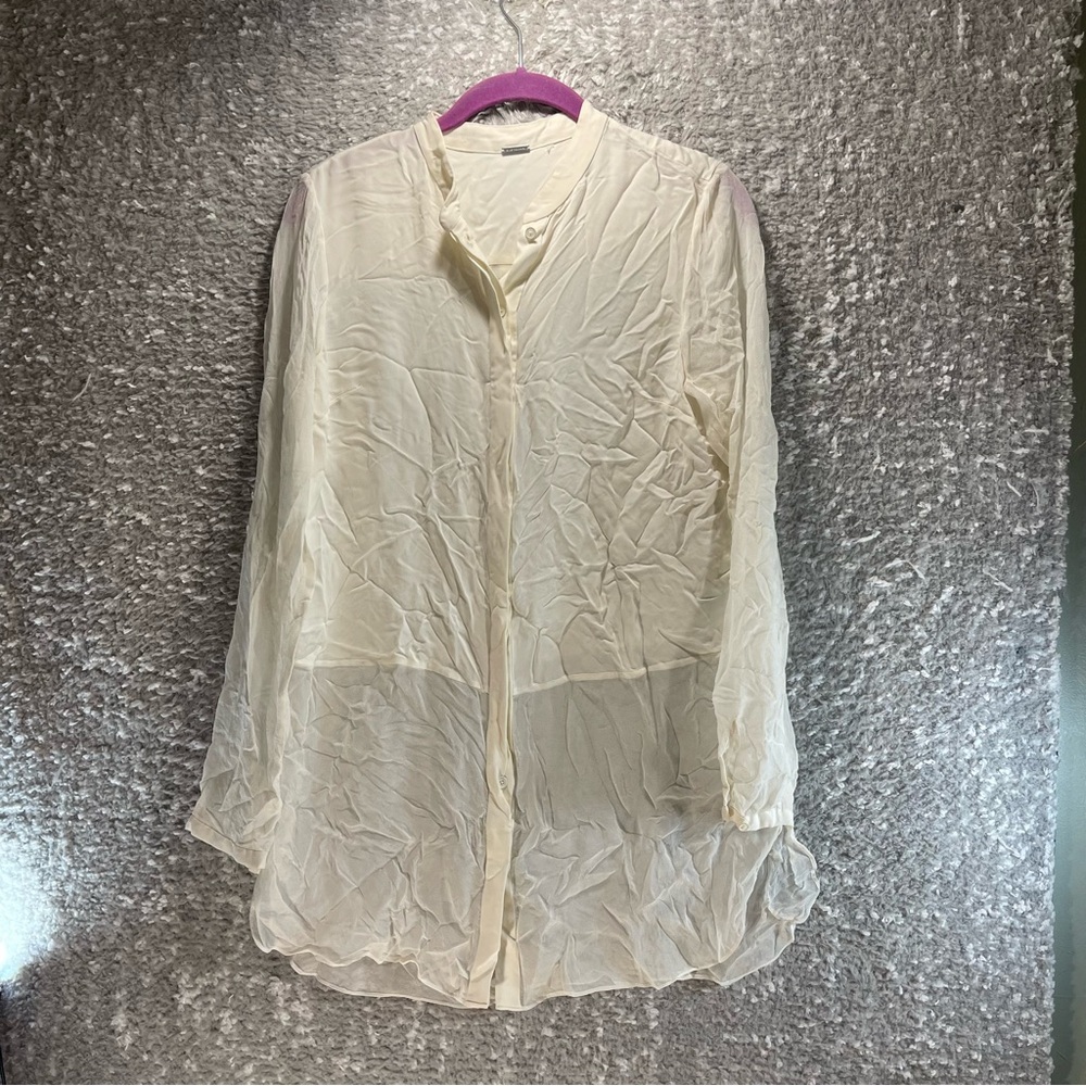 Elie Tahari Silk Hi-Low Tunic Long Sleeve‎ Top Sheer Small Tan Ivory Sheer